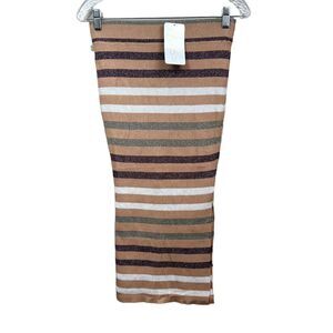 Say What Pencil Skirt Stretch Knit Striped‎ Metallic Tan Side Slit Women Size M